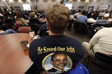 - 
              In this Nov. 6, 2012 photo, United Auto Workers member Harry Van Uden attends a rally on Election Day at the UAW Region 1 technical training center in Warren, Mich. Only a couple of wee