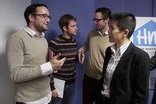  - 
              Chaim Levin, left, talks with Christine Sun, right, deputy legal director for the Southern Poverty Law Center, as Michael Ferguson, background right, stands with his partner Seth Anders