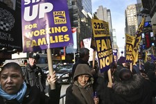  - 
              FILE - In this Wednesday, Dec. 12, 2012 file photo, cleaners, porters and matrons of theater union SEIU Local 32BJ demonstrate outside the Broadway League's office, before a vote author