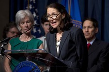  - 
              FILE - In this Wednesday, April 10, 2013 file photo, Food and Drug Administration (FDA) Commissioner Margaret Hamburg, foreground, with Health and Human Services Secretary Kathleen Sebe