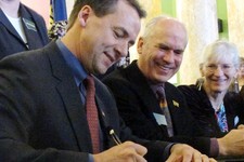  - 
              Montana Gov. Steve Bullock, left, state Sen. Tom Facey and advocate Linda Gryczan attend a ceremony signing into law a gay rights bill that has been in the works for two decades on Thur