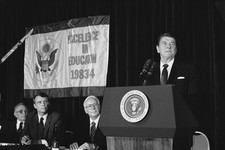  - 
              FILE - In this Aug. 27, 1984, photo, President Ronald Reagan addresses a meeting of teachers and administrators in Washington from outstanding secondary schools across the nation. U.S. 