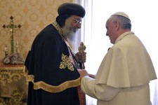 - 
              Pope Francis, right, welcomes Coptic Orthodox Church of Egypt Pope Tawadros II for their private audience in the pontiff's library, at the Vatican, Friday, May 10, 2013. The head of the