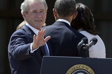  - 
              FILE – In this April 25, 2013, file photo former President George W. Bush turns to wave as he leaves with President Barack Obama and first lady Michelle Obama after the dedication of th