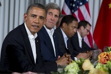  - 
              President Barack Obama and Secretary of State John Kerry sit across the table from Chinese President Xi Jinping as they meet for talks at the Annenberg Retreat at Sunnylands Friday, Jun