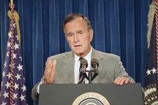  - 
              FILE - In this file photo from Aug. 27, 1992, a year after the first Gulf War, U.S. President George H. Bush speaks at a White House news conference, wherein he announced a "no fly zone