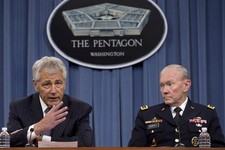  - 
              FILE – In this May 17, 2013 file photo Defense Secretary Chuck Hagel, left, and Chairman of the Joint Chiefs of Staff, Gen. Martin Dempsey take turns talking to media during a news conf