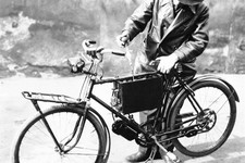  - 
              FILE - In a Oct. 25, 1940 file photo, F. Hans, mechanic of Frankfort-on-Main, tests the battery on an electrically driven bicycle device he has constructed to help save gasoline in the 