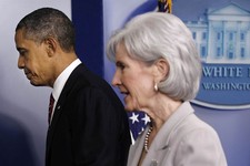  - 
              FILE - In this Feb. 10, 2012, file photo, President Barack Obama and Health and Human Services  Secretary Kathleen Sebelius leave the Brady Press Briefing Room of the White House in Was