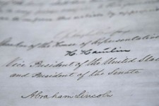  - 
              The signature of President Abraham Lincoln is seen on the 13th Amendment in a display at the Tennessee State Museum on Monday, Feb. 11, 2013, in Nashville, Tenn. The 13th Amendment, whi