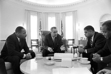  - 
              In this image from the LBJ Presidential Library, from left Martin Luther King Jr., President Lyndon B. Johnson, Whitney Young, James Farmer attend a meeting on Civil Rights in the Oval 