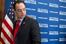  - 
              Republican National Committee (RNC) Chairman Reince Priebus leaves after speaking at the National Press Club in Washington, Monday, March 18, 2013. The RNC formally endorsed immigration