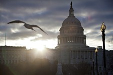  - 
              FILE - In this March 7, 2103 file photo, a seagull flies as the sun breaks through dark clouds at dawn over Capitol Hill in Washington. Members of Congress are traveling less and worryi