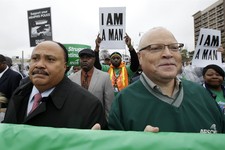  - 
              Martin Luther King III, left, and Lee Saunders, right, president of the American Federation of State, County and Municipal Employees,  take part in a march to the National Civil Rights 