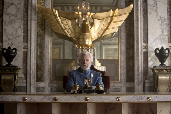 In this image released by Lionsgate, Donald Sutherland portrays President Snow in a scene from "The Hunger Games: Mockingjay Part 1." (AP Photo/Lionsgate, Murray Close)