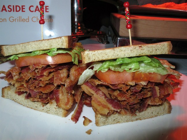 This Monday, Feb. 10. 2014 photo shows a bacon-lettuce-and-tomato sandwich made with an entire pound of bacon at the Tropicana Casino and Resort in Atlantic City, N.J. The casino's Baco
