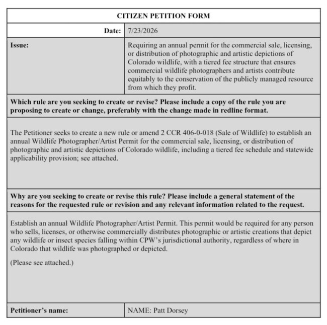 Petition Wildlife phtography fee