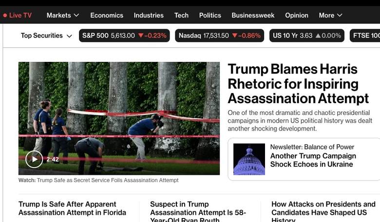 Bloomberg's Top Headline: Trump Pounces on Second Assassination Attempt! Update: WaPo Worse?