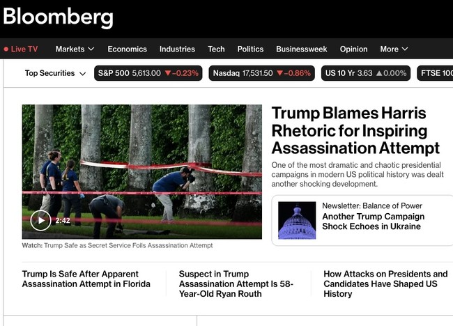 Bloomberg's Top Headline: Trump Pounces on Second Assassination Attempt! Update: WaPo Worse?