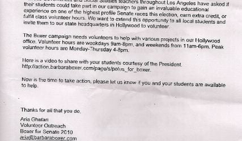 Election Watch: Barbara Boxer's Campaign Breaks the Law, Solicits Help From Los Angeles Area Students Via Teachers