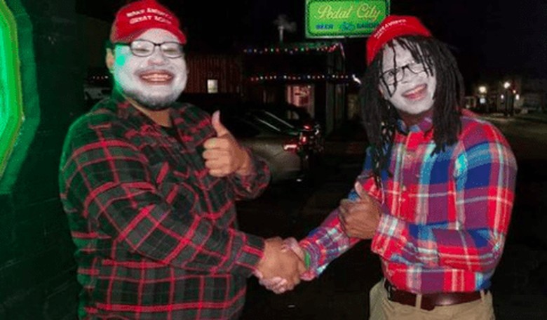 Black Halloween Revelers Don Whiteface and MAGA Hats