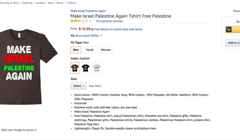 Amazon Sells 'Make Israel Palestine Again' T-Shirt, Despite Removing Some 'Hate' Products