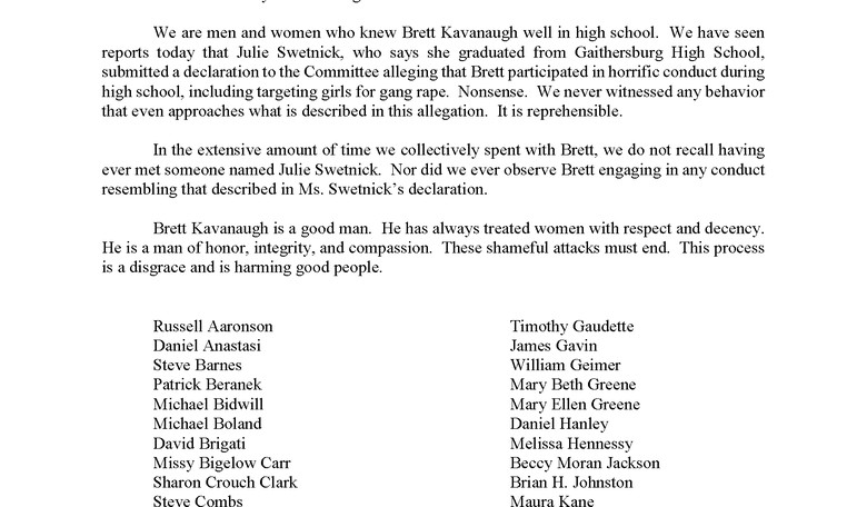 60 of Kavanaugh's Classmates Send Letter to Senate about 'Nonsense' Gang Rape Allegation