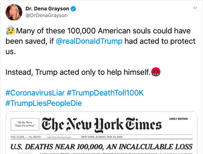 Tweet blaming Trump for coronavirus deaths