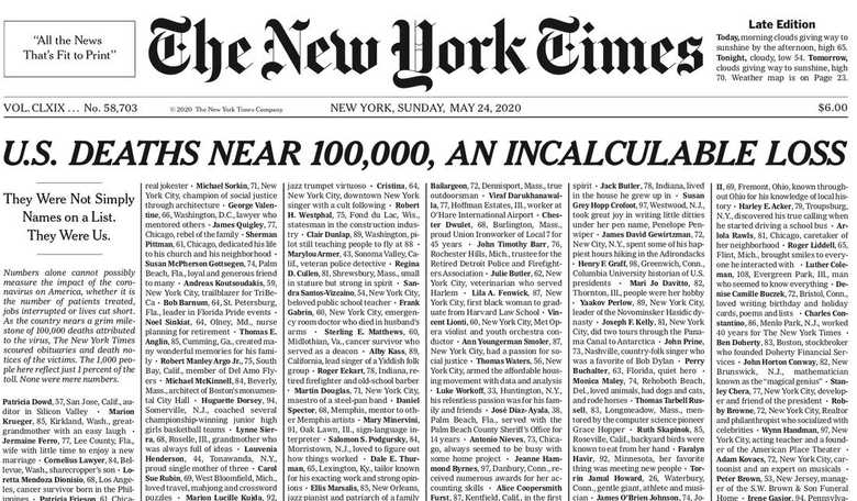 New York Times Fills Front Page With 1,000 Names of Coronavirus Dead