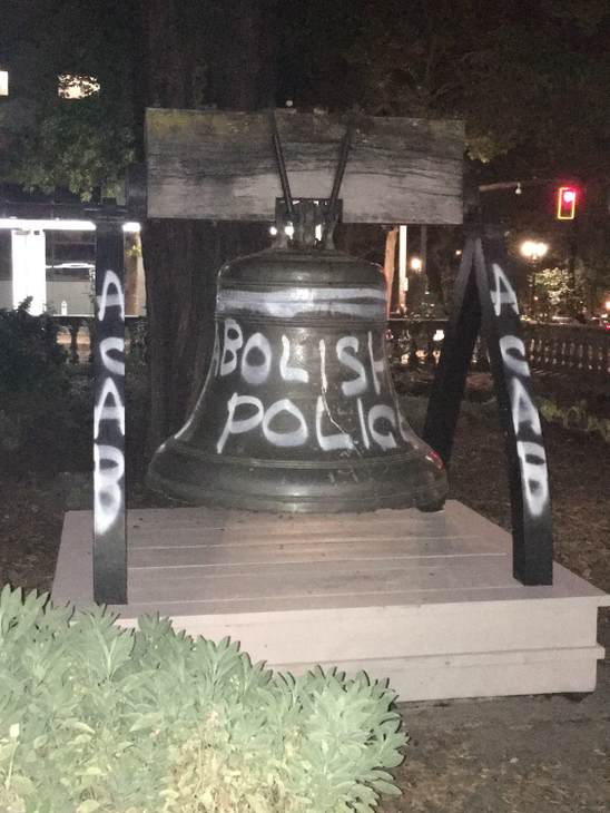 Portland replica of Philadelphia Liberty Bell vandalized with "Abolish Police" and "ACAB," thanks to antifa rioters
