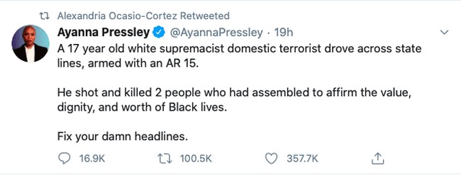 AOC likes Ayanna Pressley tweet calling Kyle Rittenhouse a "white supremacist"