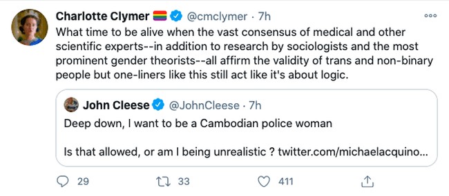 Clymer John Cleese tweet transgender