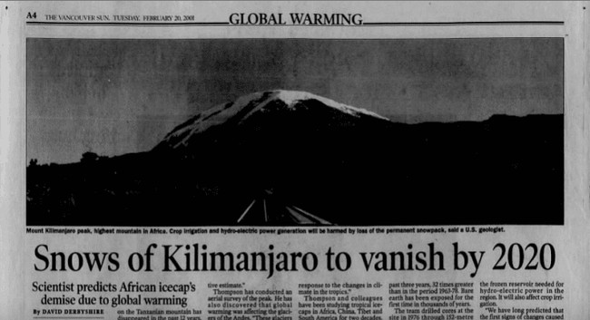 Climate alarmist prediction 2020 Kilimanjaro