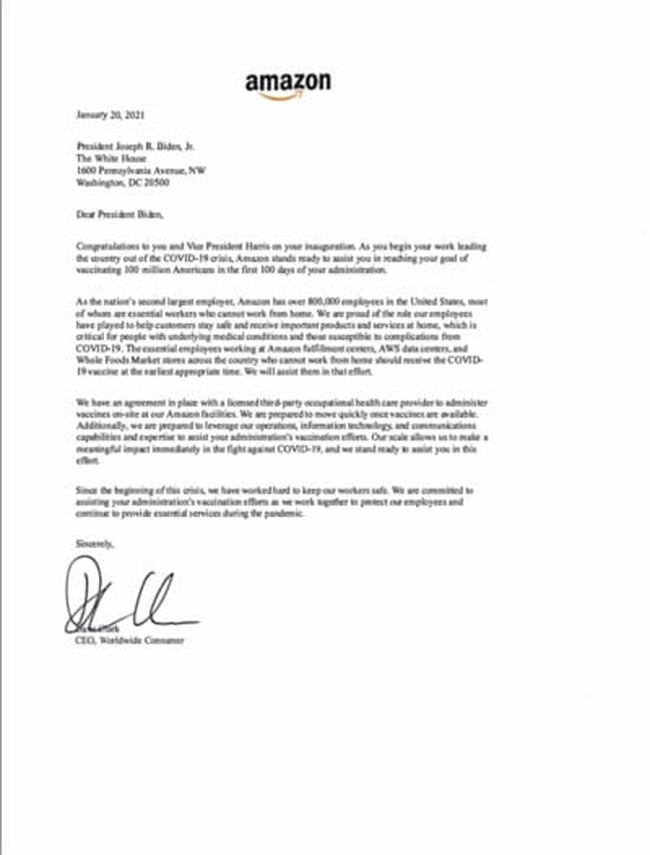 Amazon letter to Joe Biden COVID-19