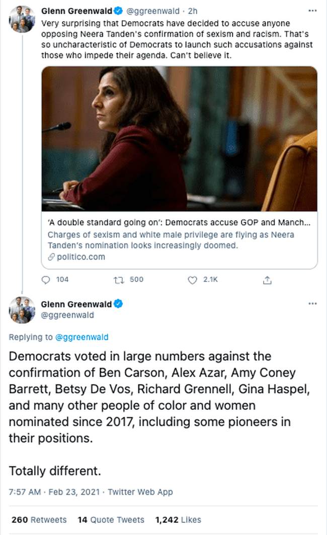 Neera Tanden Glenn Greenwald racism sexism