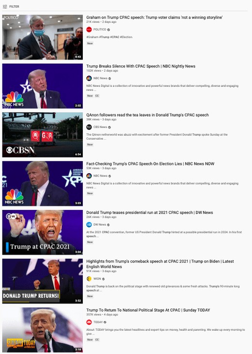 YouTube results Trump 2021 CPAC speech