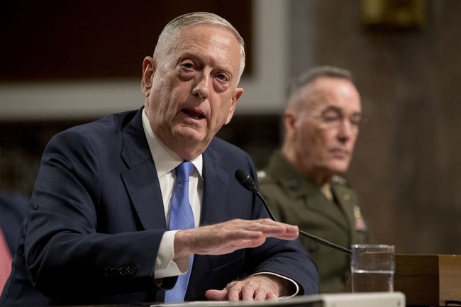Defense Secretary Jim Mattis, left, accompanied by Joint Chiefs Chairman Gen. Joseph Dunford, speaks on Afghanistan before the Senate Armed Services Committee on Capitol Hill in Washington, Tuesday, Oct. 3, 2017. (AP Photo/Andrew Harnik)