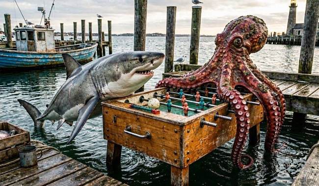 Sammy the Shark and Karl the Kraken playing foosball Source: Bing Image Creator