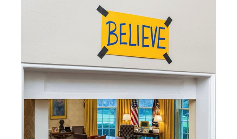 Biden tweets pic of sign that says BELIEVE above Oval Office door aaand let the hilarious memes BEGIN