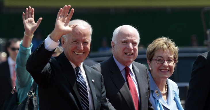 From left, U.S. Vice President Joe Biden, U.S. Sen. John McCain, R-Ariz., and Rep. Marcy Kaptur, D-Ohio, attend the inauguration ceremony of Ukraine's new President Petro Poroshenko in