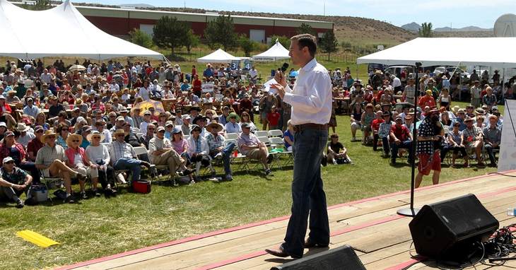 Nevada Attorney General Adam Paul Laxalt gives the welcoming remarks at the Inaugural Basque Fry at the Inaugural Basque Fry at Corley Ranch in Gardnerville, Nev. (AP Photo/Lance Iverse