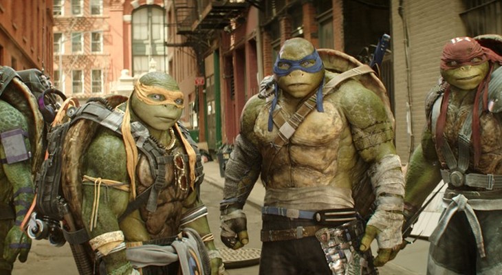 This image released by Paramount Pictures shows, from left, Donatello, Michelangelo, Leonardo and Raphael in a scene from 