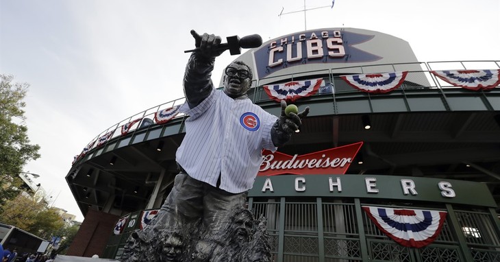 The statue of famed Cubs broadcaster Harry Carey is seen outside Wrigley Field before Game 3 of the Major League Baseball World Series between the Chicago Cubs and the Cleveland Indians