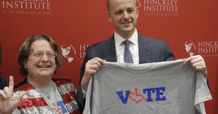 Supporter Alison Greathouse, left, poses with independent presidential candidate Evan McMullin during a University of Utah candidate forum, Wednesday, Nov. 2, 2016, in Salt Lake City. M