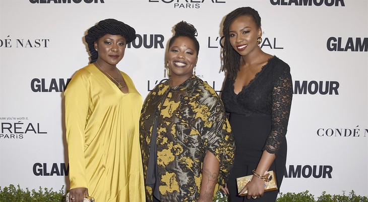 Alicia Garza, from left, Patrisse Cullors and Opal Tometi, co-founders of the Black Lives Matter movement, arrive at the Glamour Women of the Year Awards at NeueHouse Hollywood on Monda