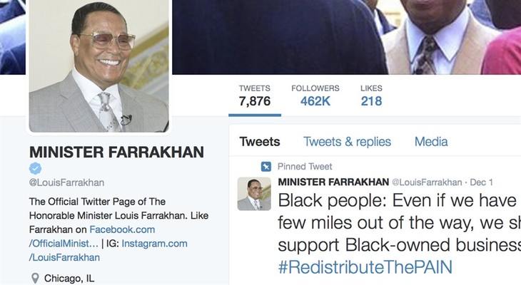 This Dec. 14, 2016 image shows part of the Twitter page of Minister Louis Farrakhan, head of the Nation of Islam. After a presidential campaign that emboldened white identity politics,